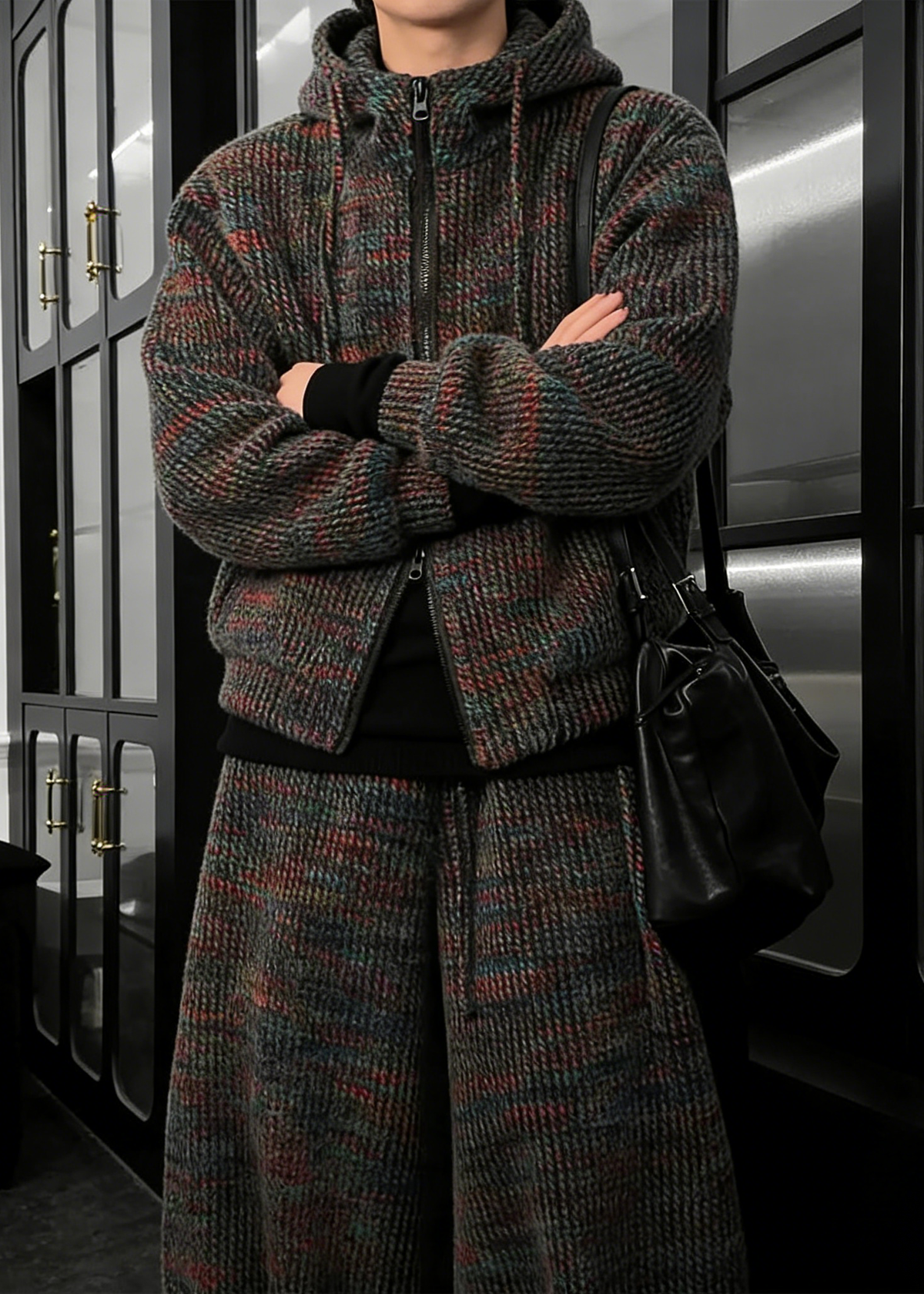 Men's Knit Hoodie and Wide Leg Pants Set with Textured Mixed Color Yarn