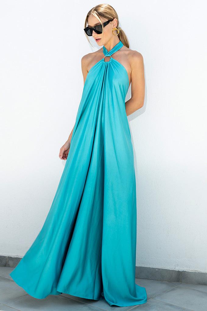 Women's Satin Halter Neck Sleeveless Maxi Dress - Open Back