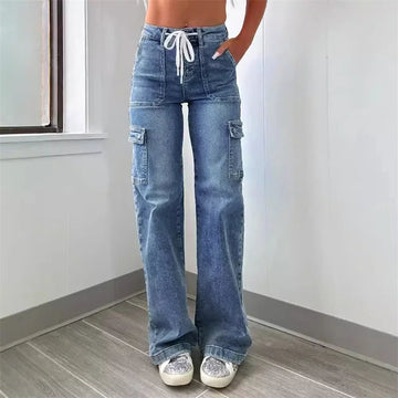 Women's Cargo Jeans - High Waist Drawstring Flap Pocket Wide Leg Denim Pants with Washed Finish