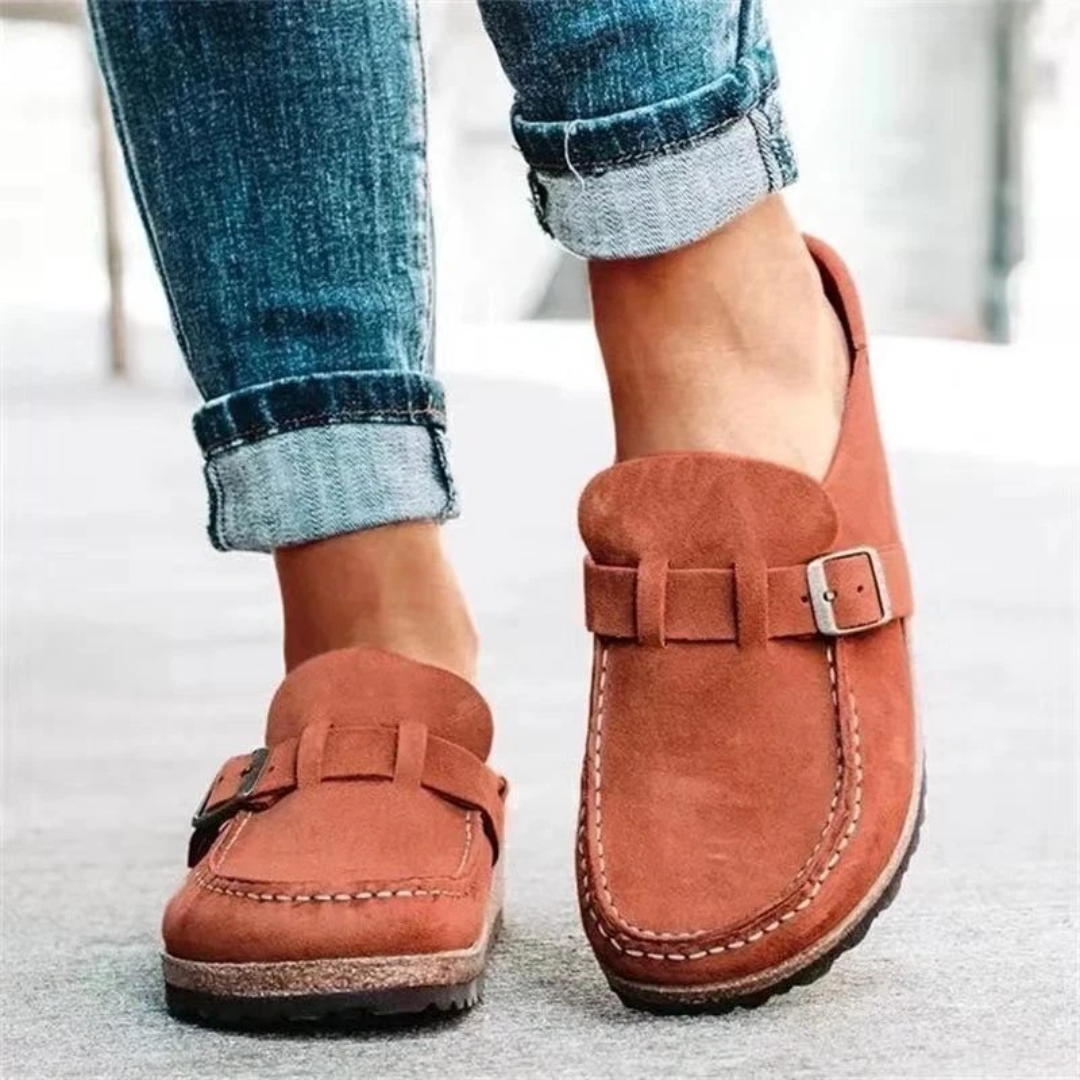 Women's Slip On Loafers with Metal Vamp Accent and Cushioned Footbed, Low Block Heel