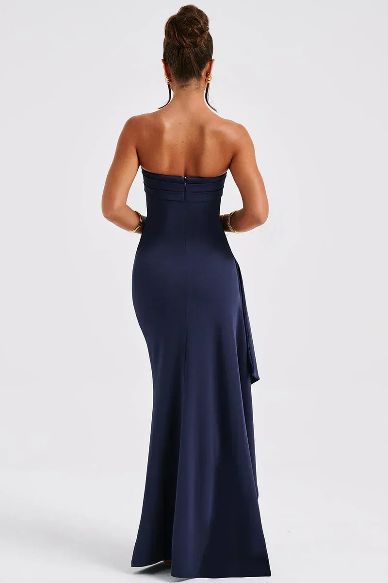 Strapless Elegant Maxi Dress with High Slit and Twisted Detail