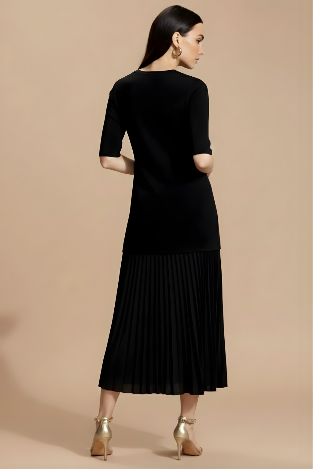 Women’s 3/4 Sleeve Pleated Midi Dress with Refined Knit Silhouette