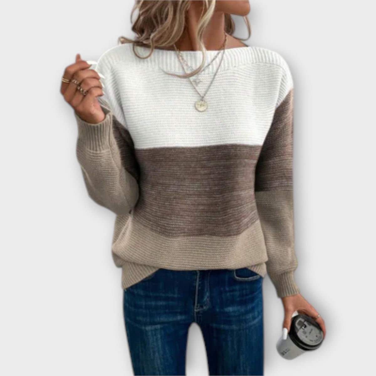 Women's Color Block Sweater with Ribbed Texture and Round Neckline