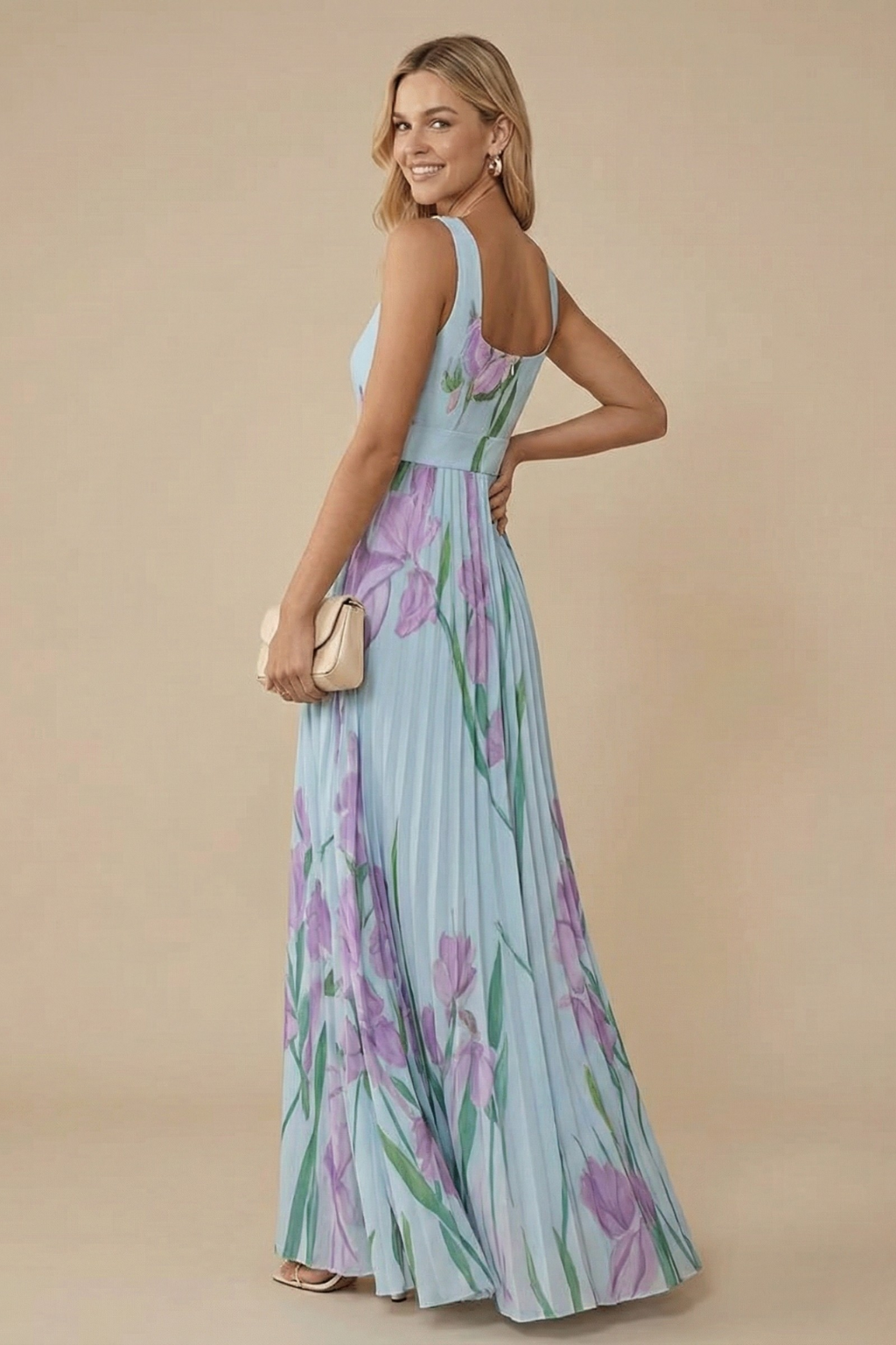 Women’s Elegant Sleeveless Floral Pleated Maxi Dress with Square Neckline