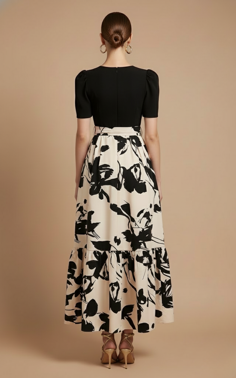 Women’s Bow-Tie Waist Maxi Dress - Short Sleeve Design - Tiered Skirt Silhouette - Elegant Occasion Dress