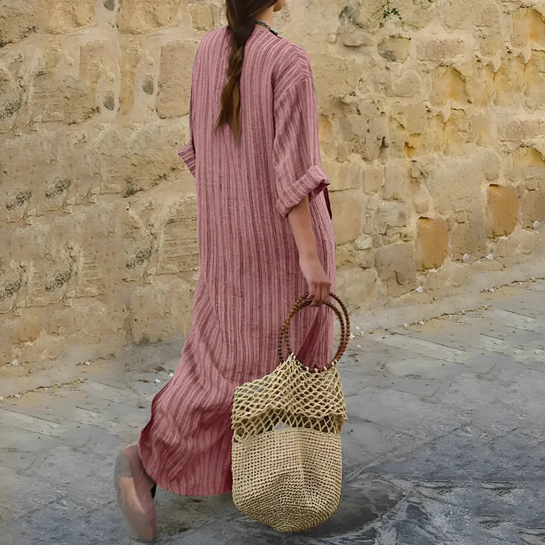 Women's Maxi Dress Cotton Linen V-Neck 3/4 Sleeve Ribbed Stripe