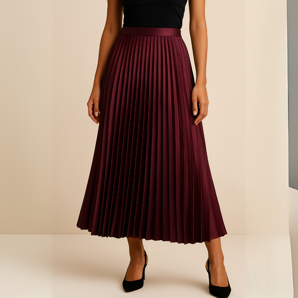 Women’s Pleated High-Waist Midi Skirt, Elegant A-Line Silhouette, Flowing Occasion Skirt