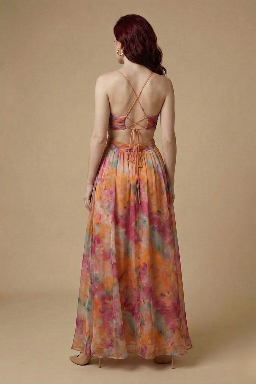 Women’s Elegant Floral Maxi Dress with V Neckline and Defined Waist