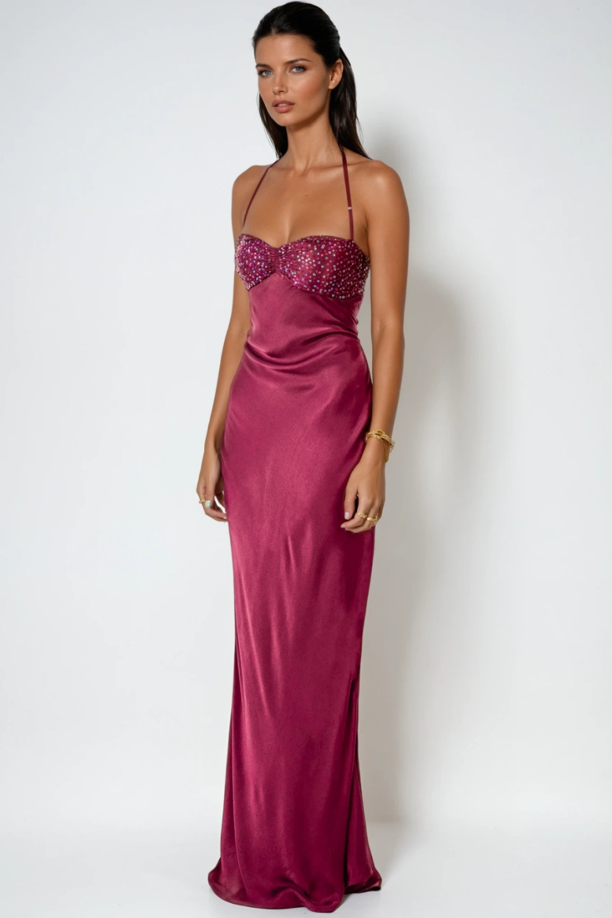 Women's Satin Maxi Dress Halter Neck Lace-Up Back
