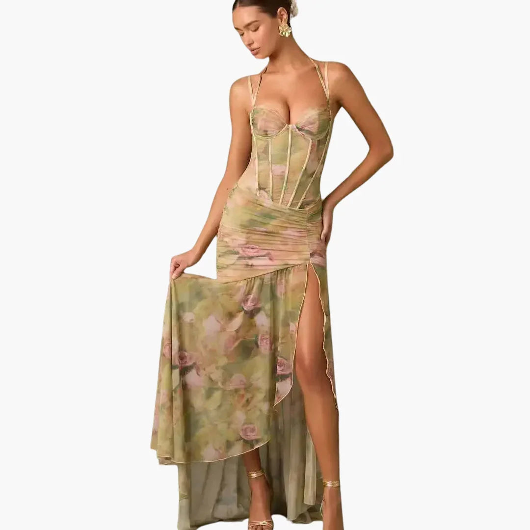 Women's Floral Print Corset Bodice Spaghetti Strap Maxi Dress