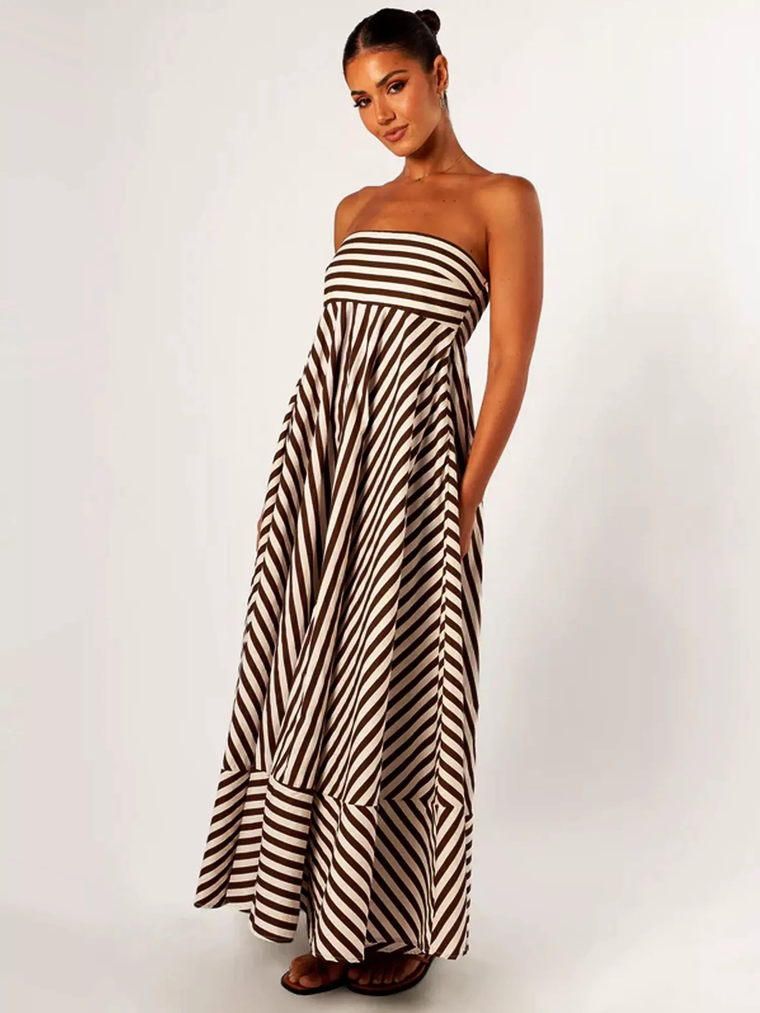 Women's Striped Strapless Bandeau Maxi Dress - Side Zip