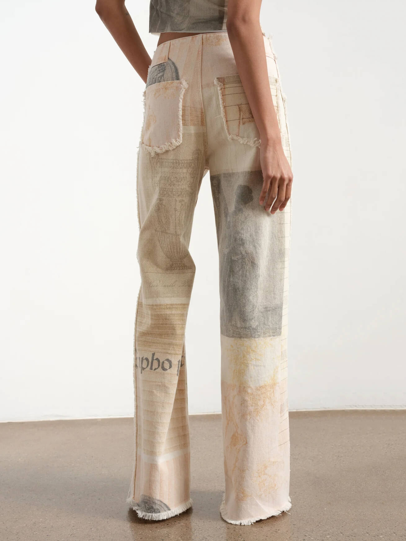 Women's Patchwork Print Wide Leg Jeans - High Rise Button Closure