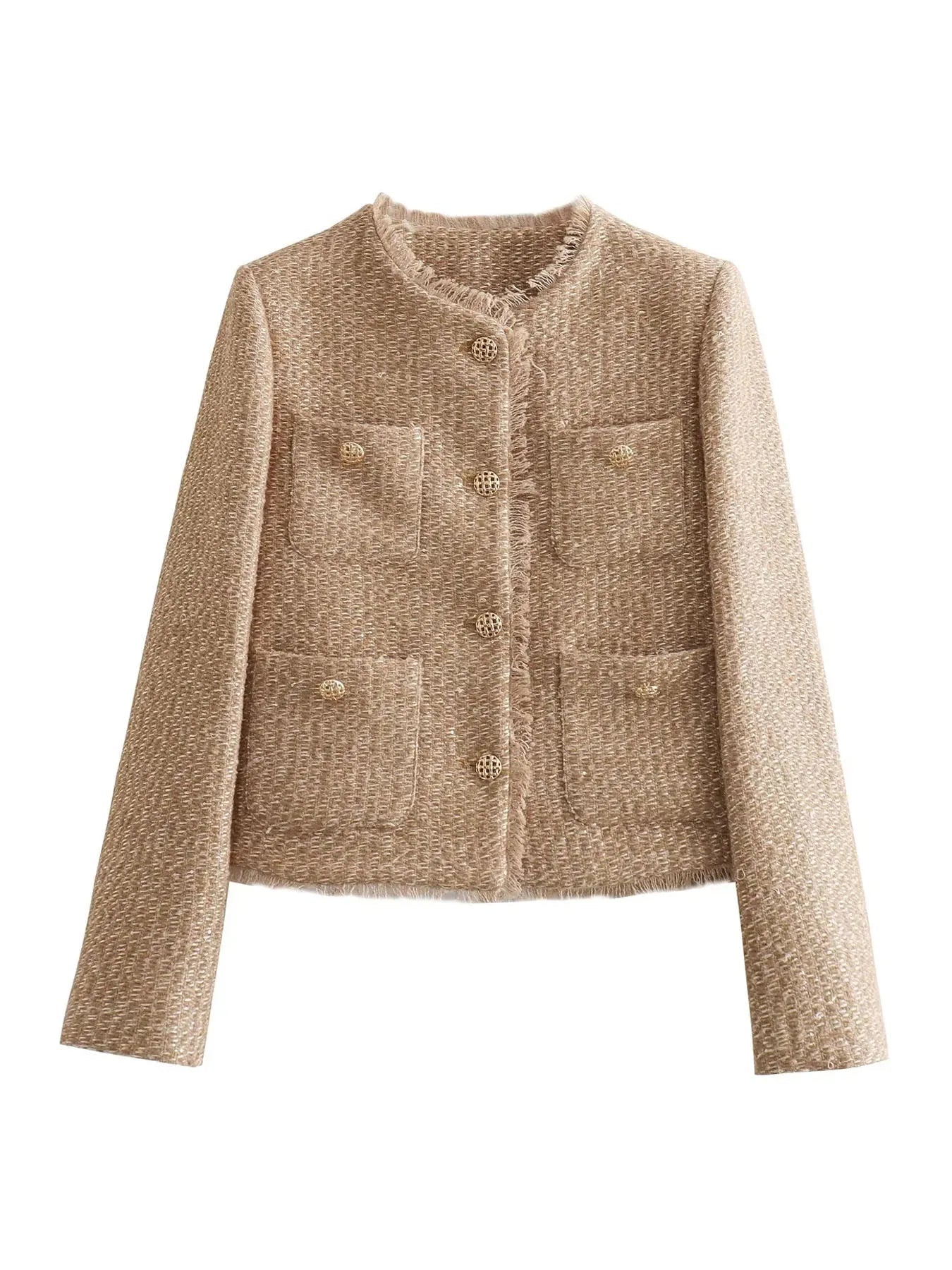 Women’s Tailored Textured Jacket – Cropped Button-Front Silhouette