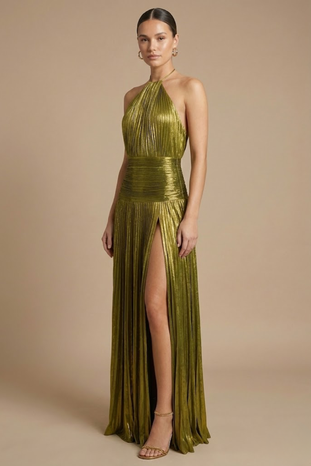Women’s Golden Green Elegant Halter Neck Maxi Dress with High Slit for Evening Occasions