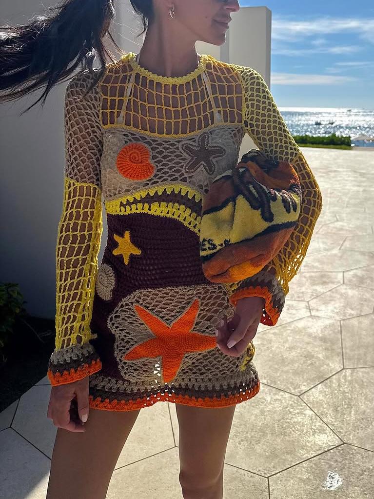 Women's Crochet Coral Reef Pattern Long Sleeve Round Neck Mini Dress