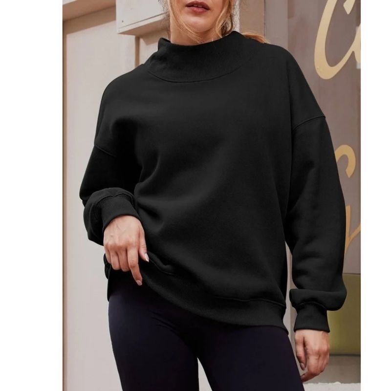 Women's Mock Neck Sweatshirt with Fleece Lining and Drop Shoulder Design, Asymmetric Slit