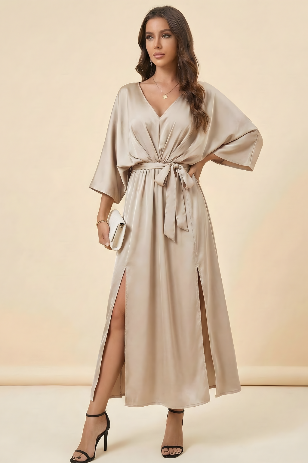 Women’s V-Neck Maxi Dress with Waist Tie and Kimono Sleeves – Occasion Wrap-Style Dress