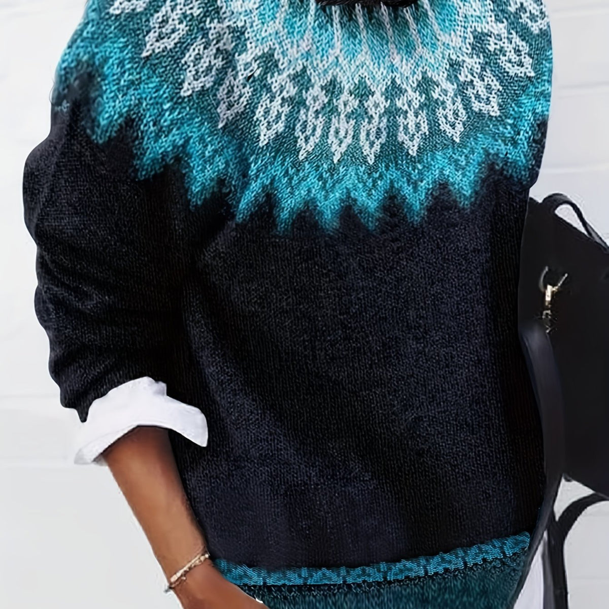 Chunky Knit Sweater with Jacquard Weave Pattern and Round Neck, Hip Length