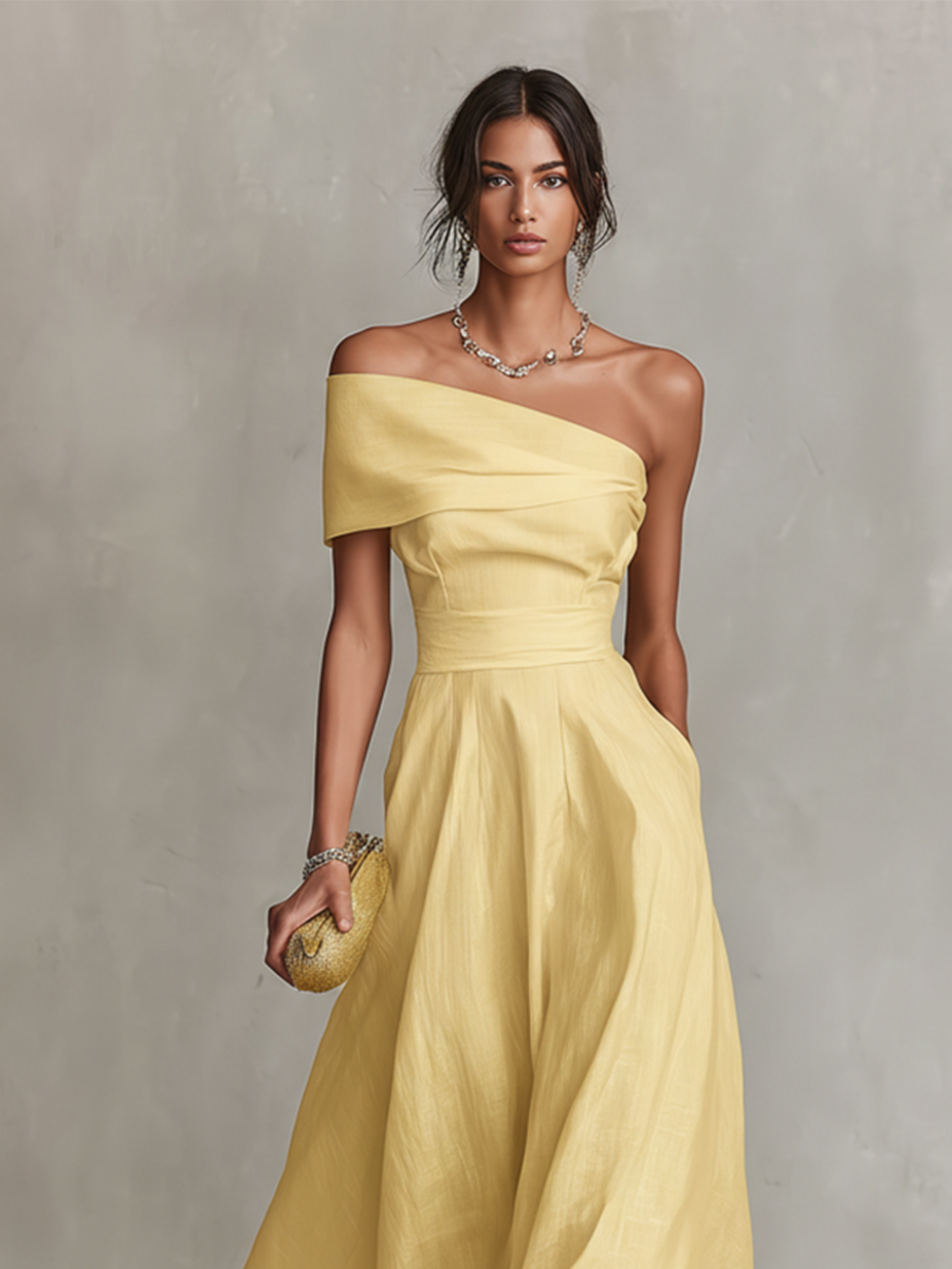 Women's Linen One-Shoulder Maxi Dress
