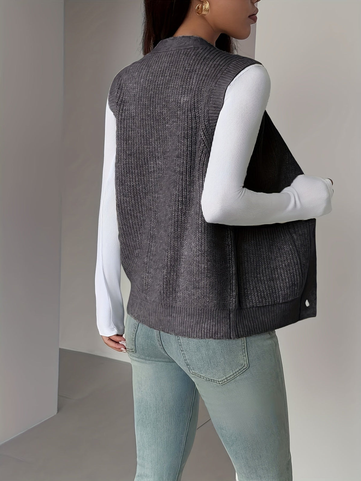 Sleeveless Knit Vest with Button Front and Front Pockets, Relaxed Fit