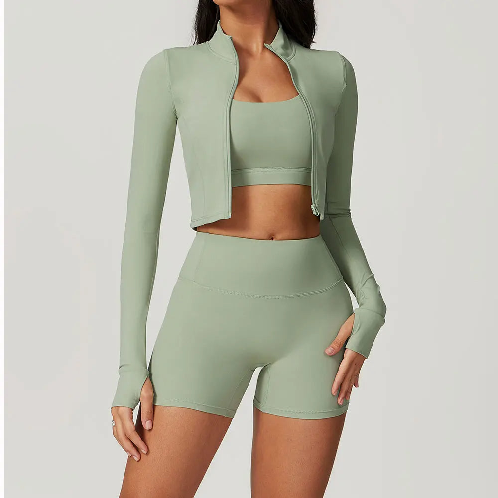 Women Three Piece Performance Wear Set - Cropped Jacket - Sports Bra - High Waist Shorts