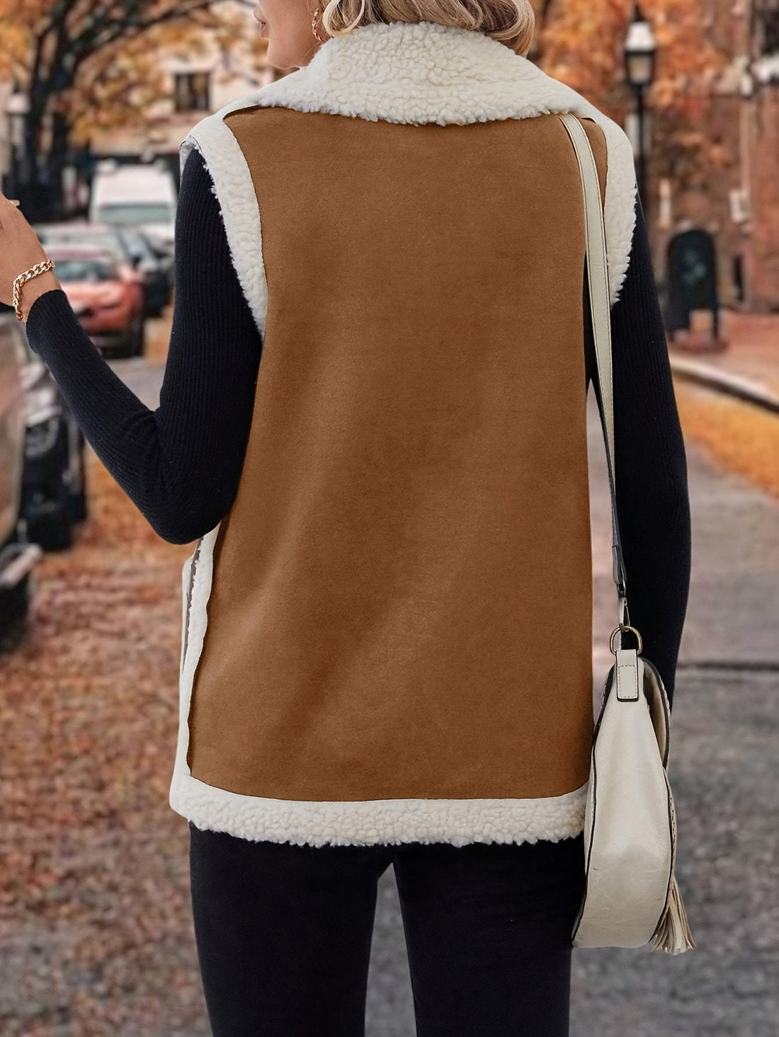 Open Front Vest with Plush Lining and Lapel Collar, Dual Pockets
