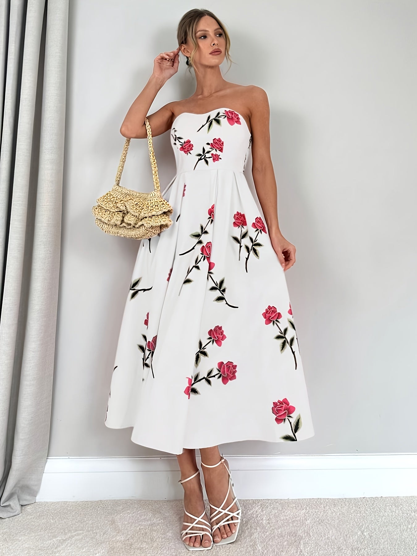 Women's Strapless Floral Print Midi Dress - Sweetheart Neck - Pleated A-Line Skirt