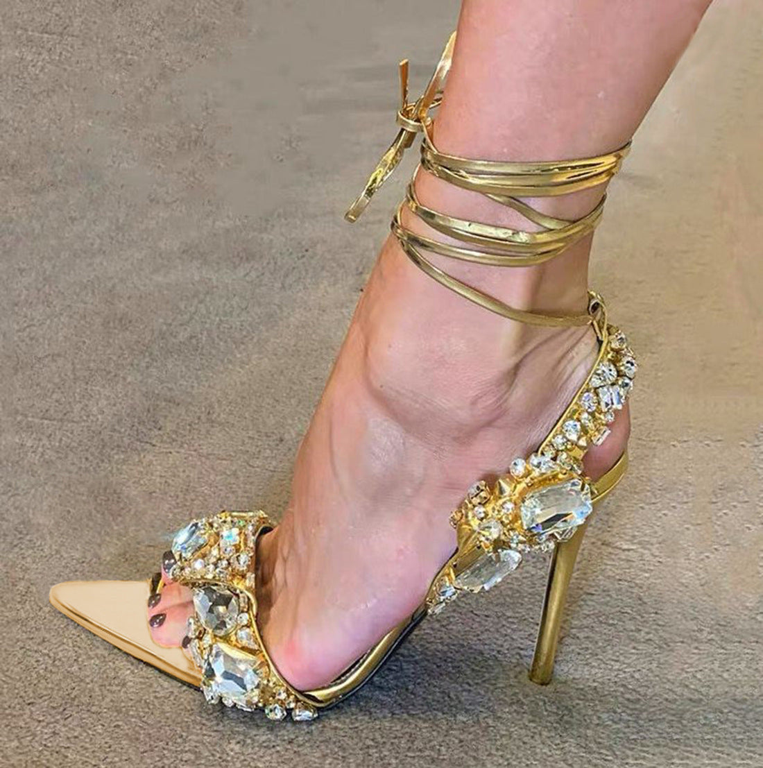 Women's Rhinestone Embellished Lace-Up Pointed Toe Stilettos