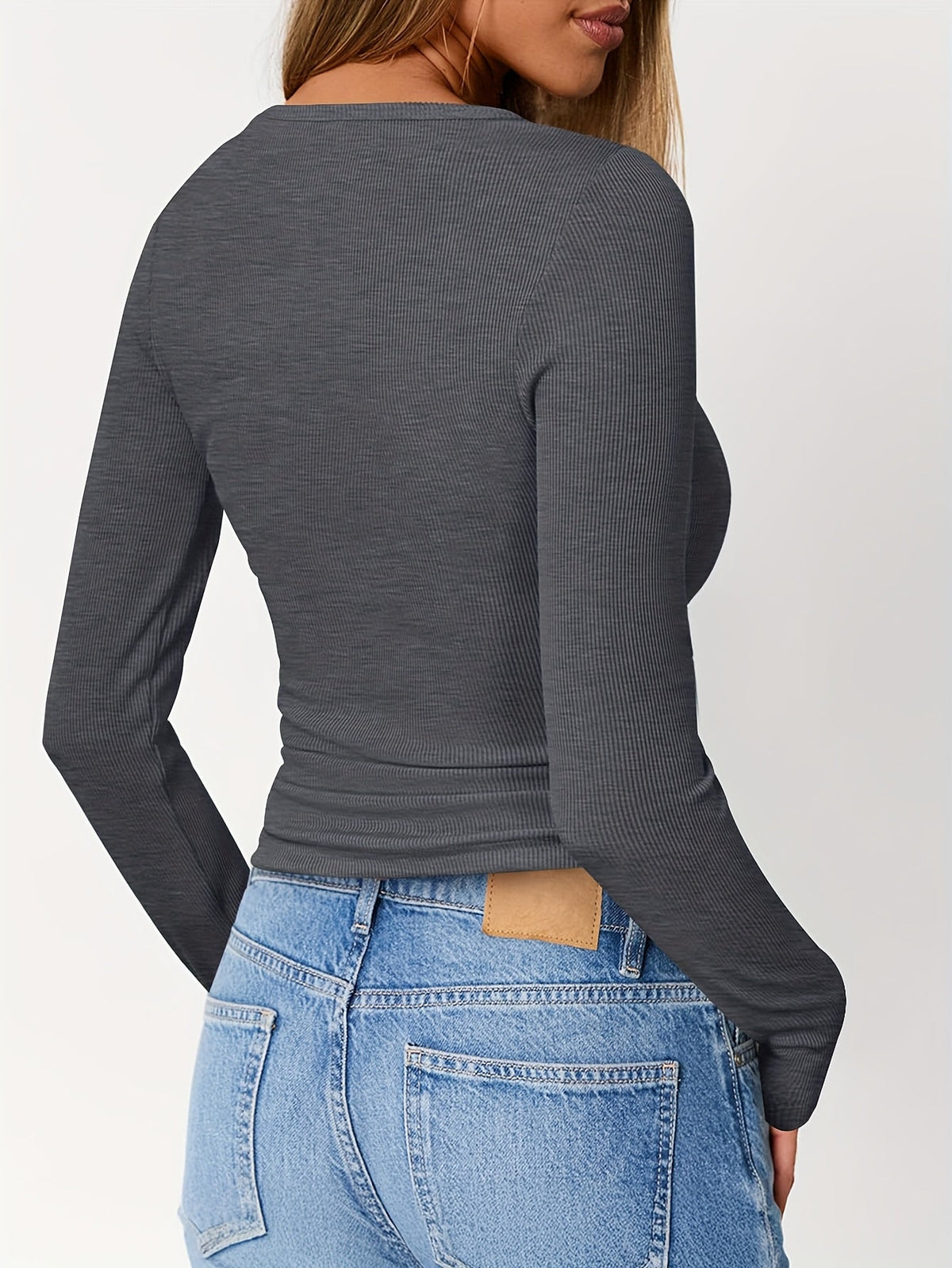 Long Sleeve Henley Top with Button Neckline and Ribbed Texture