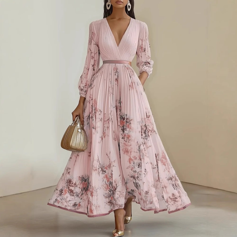 Women's Floral Maxi Dress V-Neck Long Sleeve Wrap Style