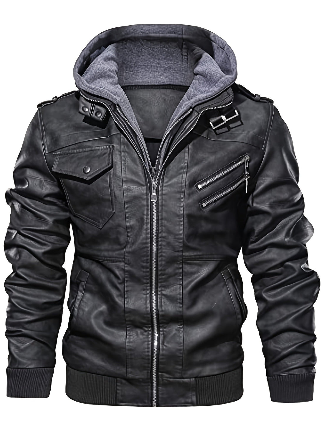 Biker Jacket with Snap-On Hood and Zippered Side Pockets