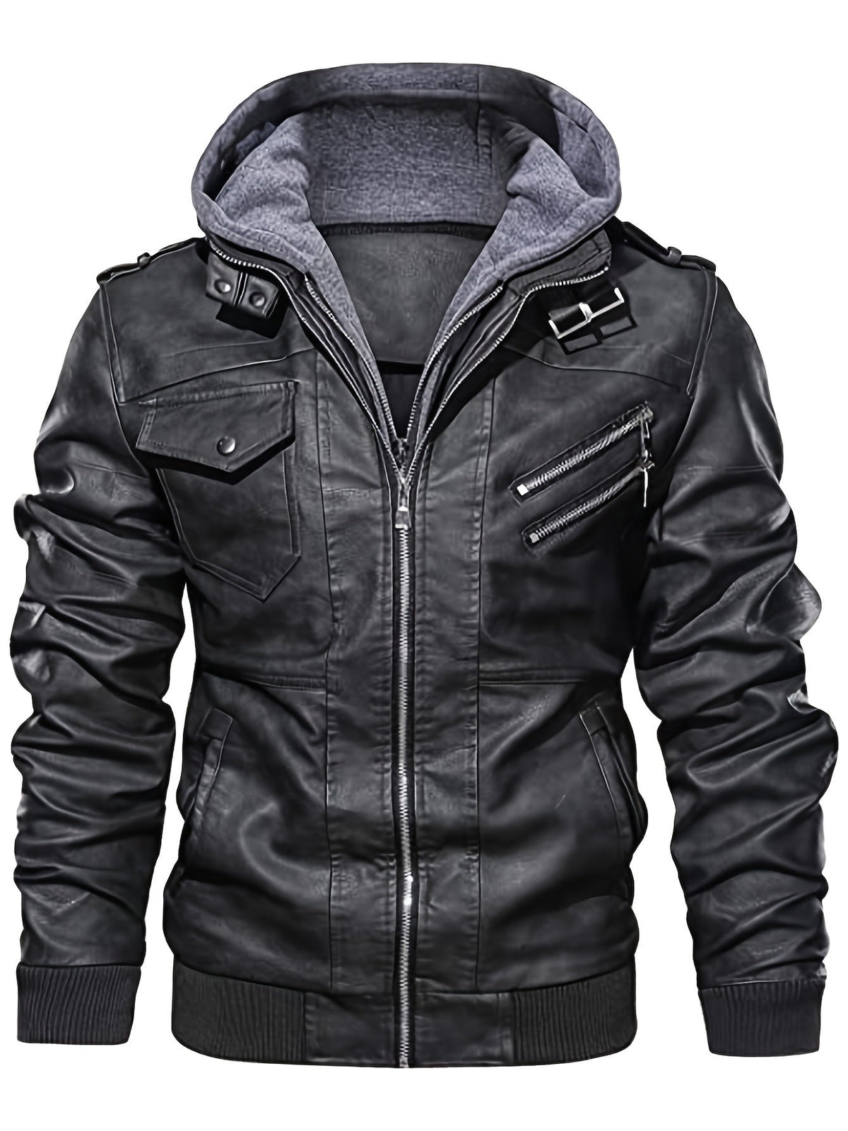 Biker Jacket with Snap-On Hood and Zippered Side Pockets