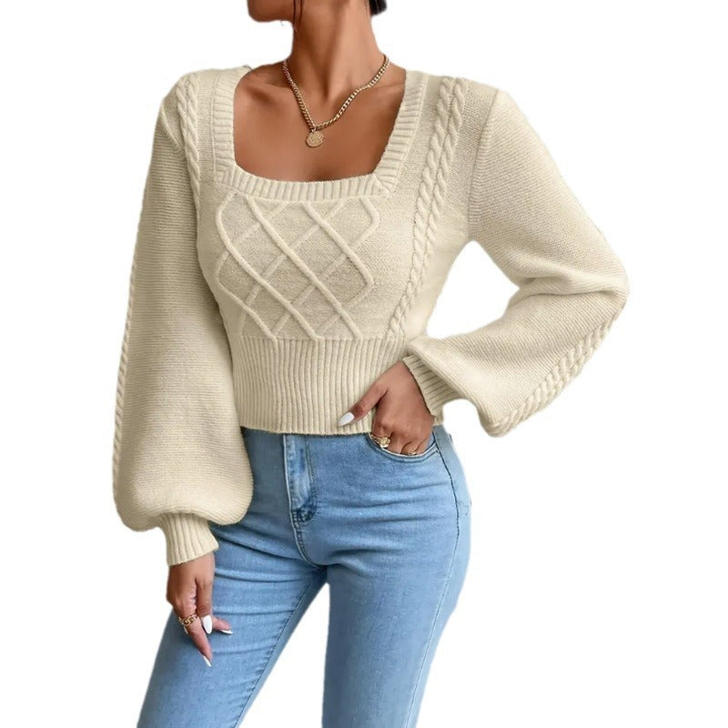 Women's Cropped Sweater with Square Collar and Cable Knit Panel, Balloon Sleeves