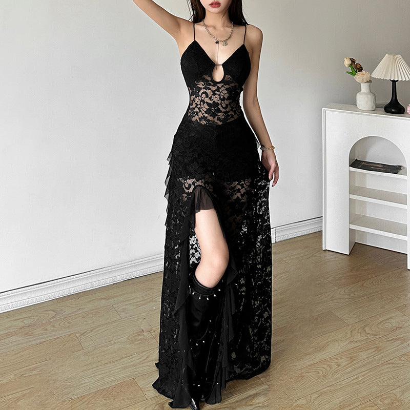 Women's Sheer Lace Maxi Dress - V Neck - Spaghetti Strap - Cut Out - Ruffle Hem