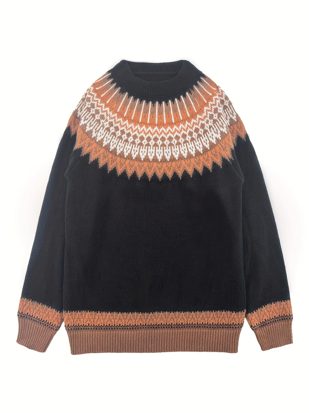 Chunky Knit Sweater with Jacquard Weave Pattern and Round Neck, Hip Length