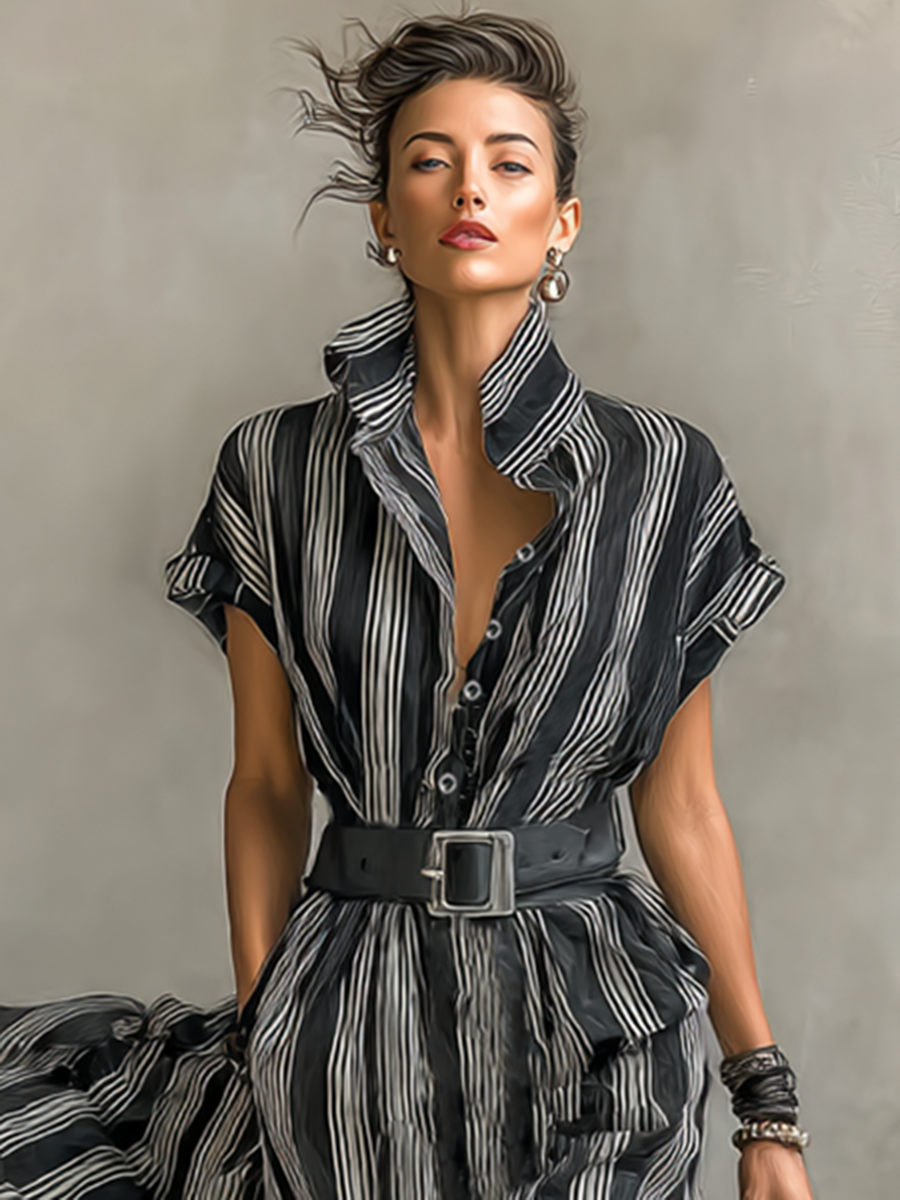 Women's Chiffon Striped Maxi Dress Shirt Style