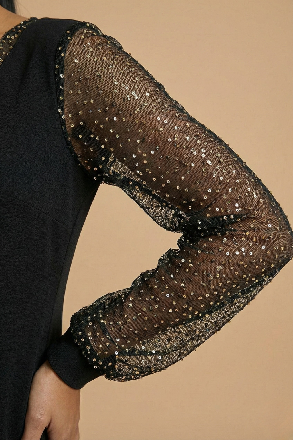 Women’s Elegant Long Sleeve V Neck Mini Dress with Sheer Detail for Evening Wear