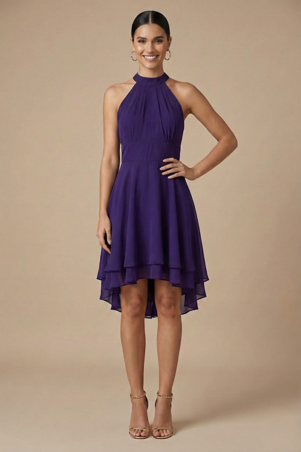 Halter Neck Midi Dress - Sleeveless Cocktail Style with Layered Hem for Evening Events