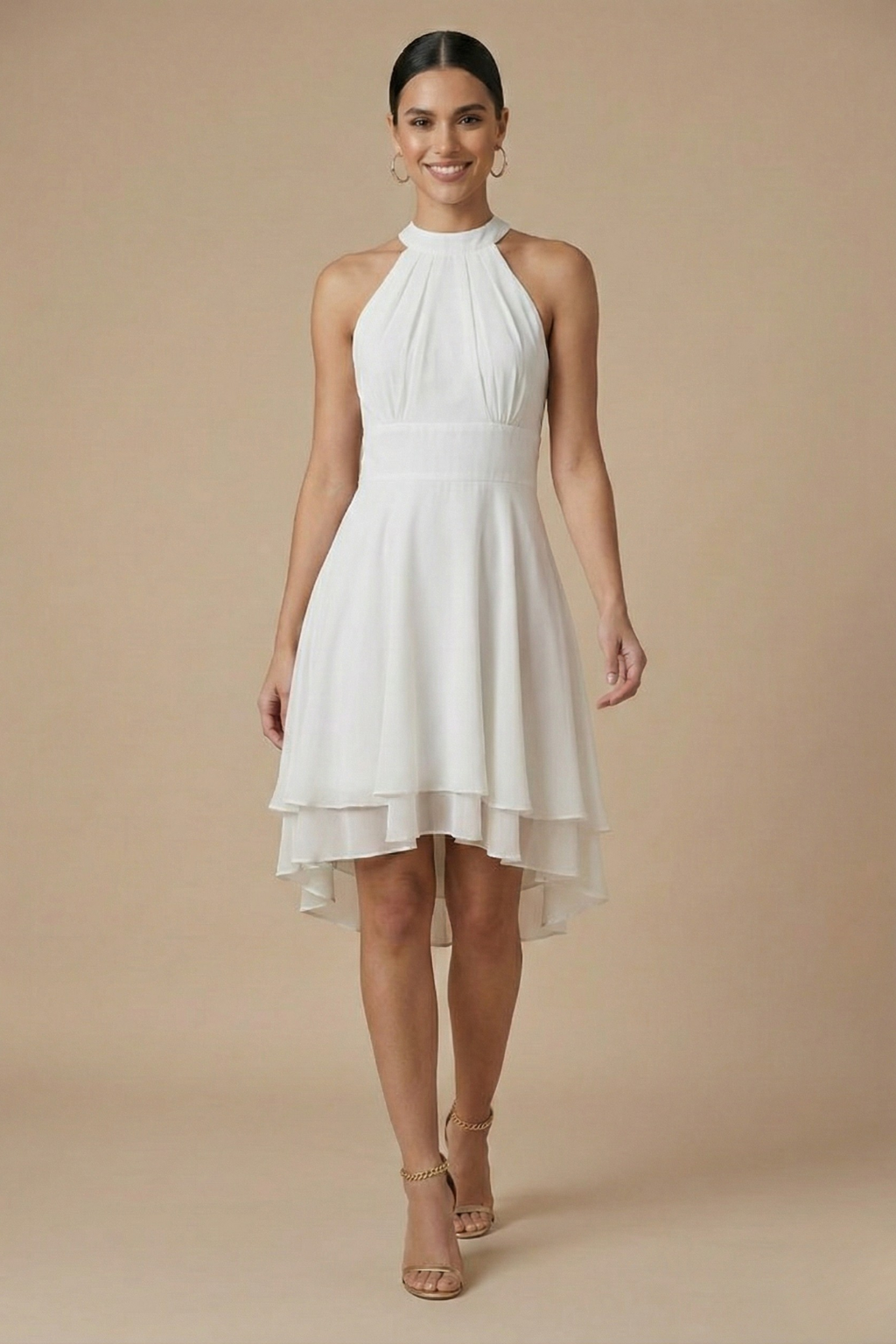 Halter Neck Midi Dress - Sleeveless Cocktail Style with Layered Hem for Evening Events