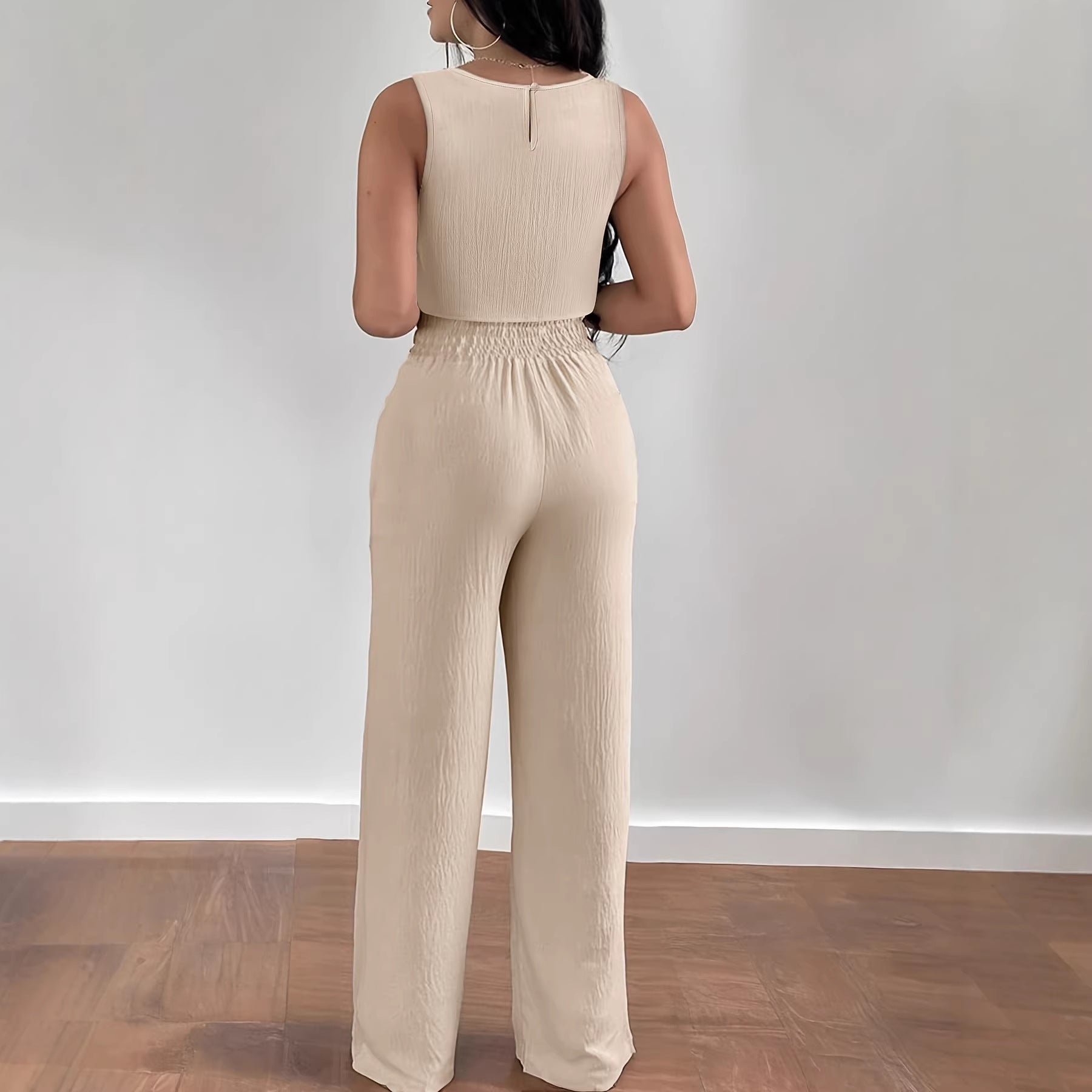 Women's Crew Neck Sleeveless Cutwork Crop Top - Wide Leg Pants Two Piece Set
