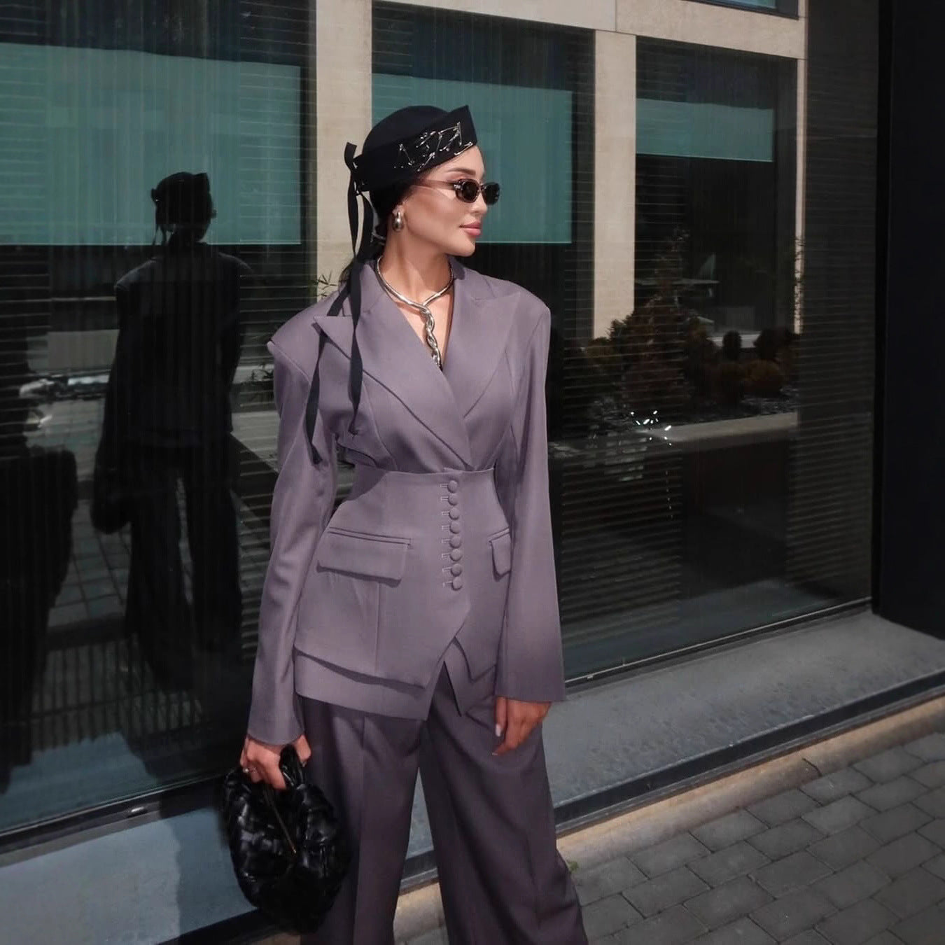 Women's Notched Lapel Blazer Wide Leg Pant Suits Set - Side Button Style