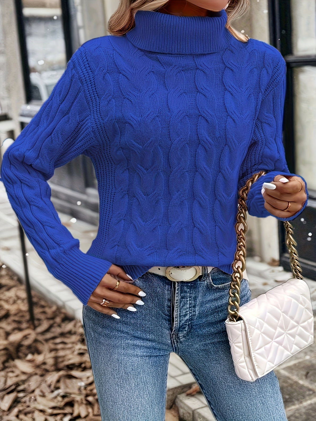Turtleneck Sweater with Cable Knit Pattern and Relaxed Fit, Full Length Sleeves