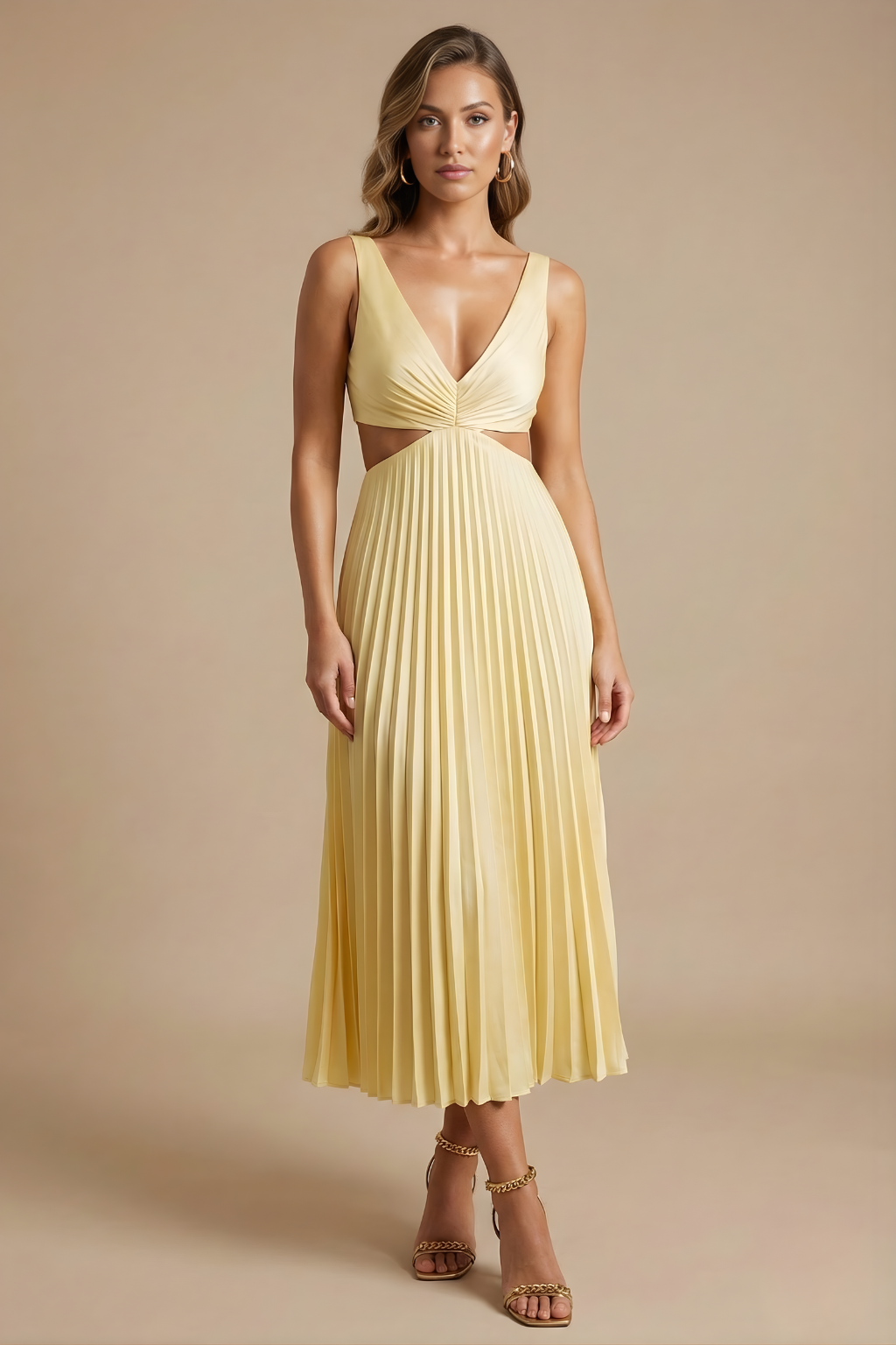 Women’s Elegant Pleated Midi Dress with V Neckline and Defined Waist