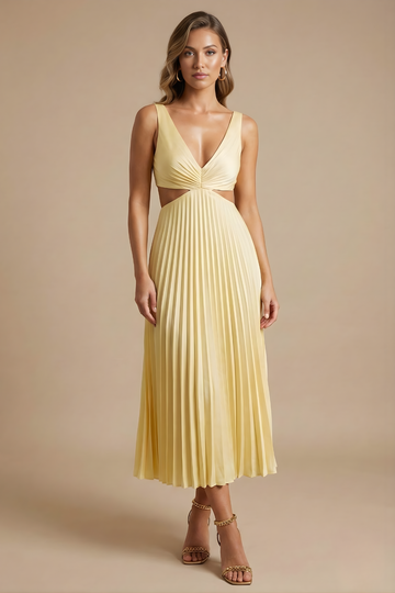 Damen elegantes Midikleid mit Falten, V-Ausschnitt und taillierter Passform