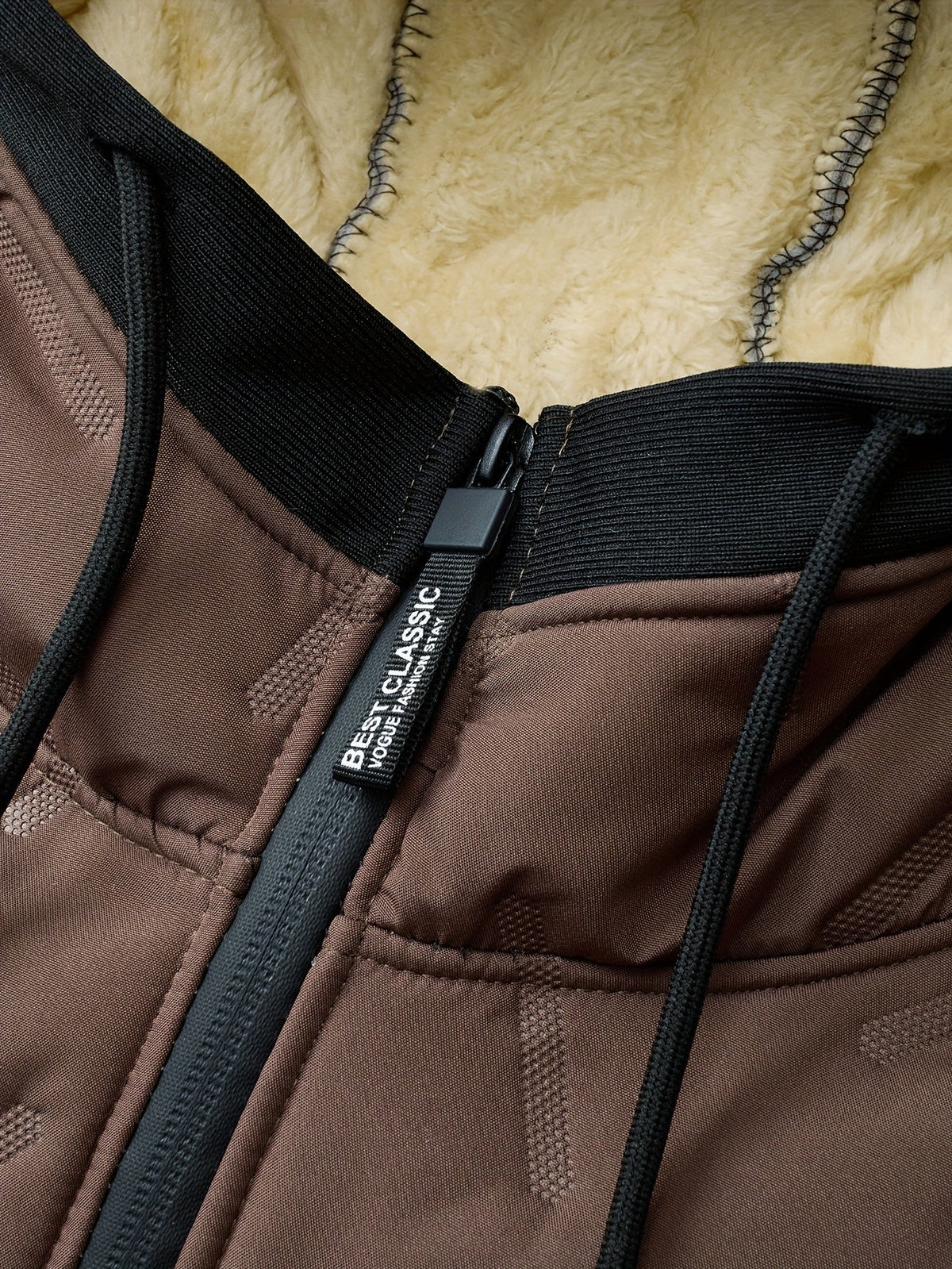Hooded Zip Jacket with Plush Lining and Ribbed Cuffs for Cold Weather