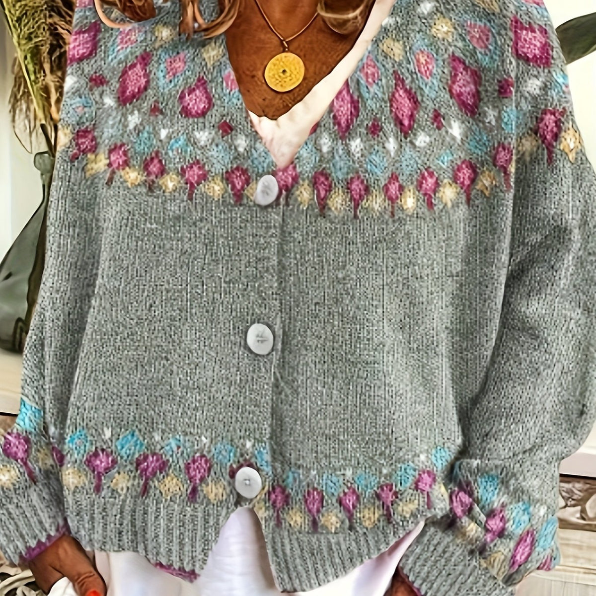 Button Front Cardigan with Nordic Geometric Pattern and V Neckline