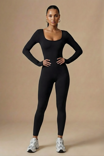 Damen V-Rücken Langärmliger Body mit Taschen, Geformter Passform, Voller Länge, Moderner Active-inspirierter Einteiler