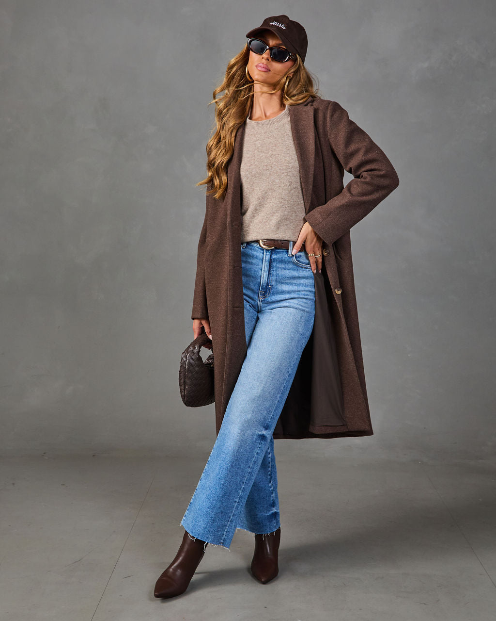 Button Front Knit Coat with Notched Collar and Interior Lining, Hip Length