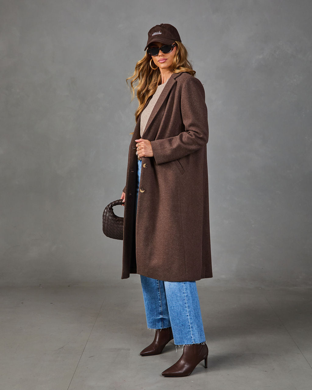 Button Front Knit Coat with Notched Collar and Interior Lining, Hip Length