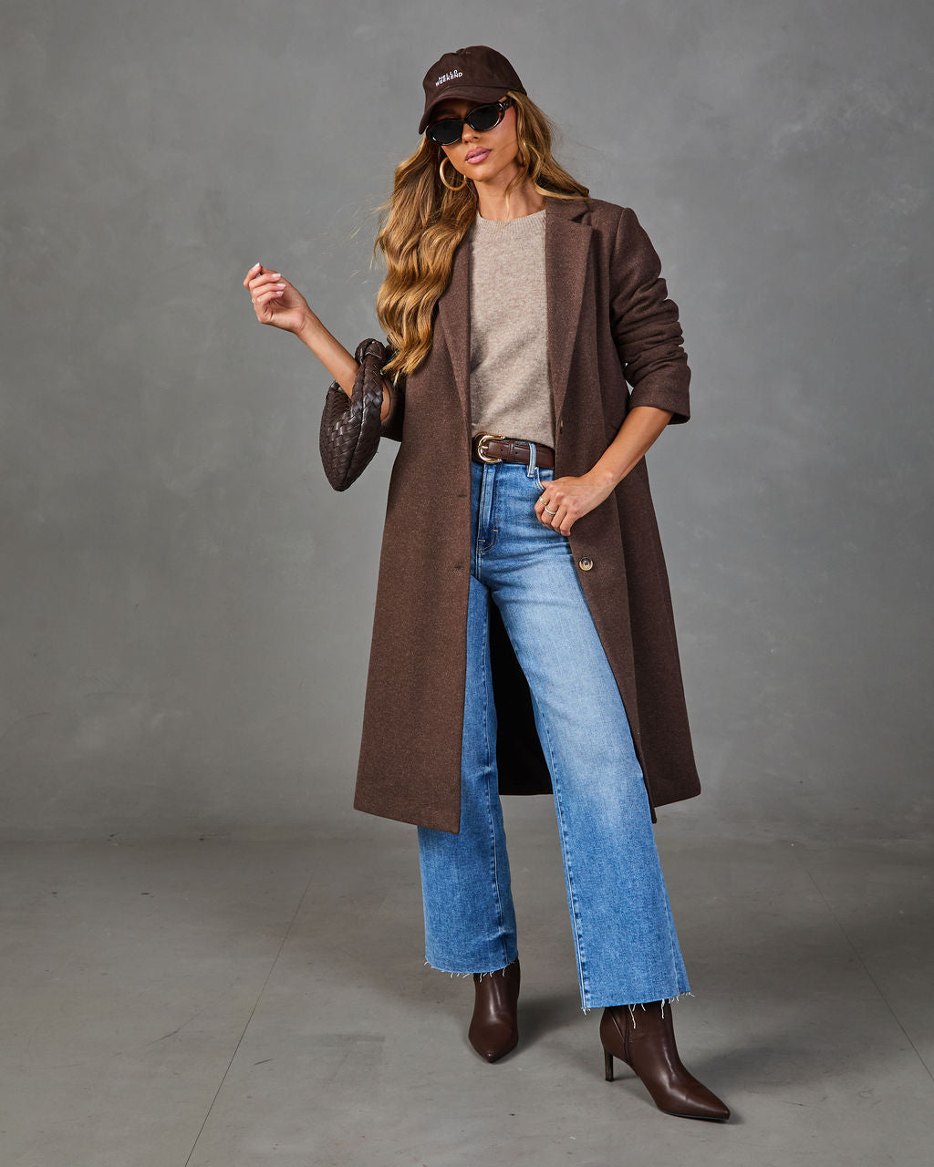 Button Front Knit Coat with Notched Collar and Interior Lining, Hip Length